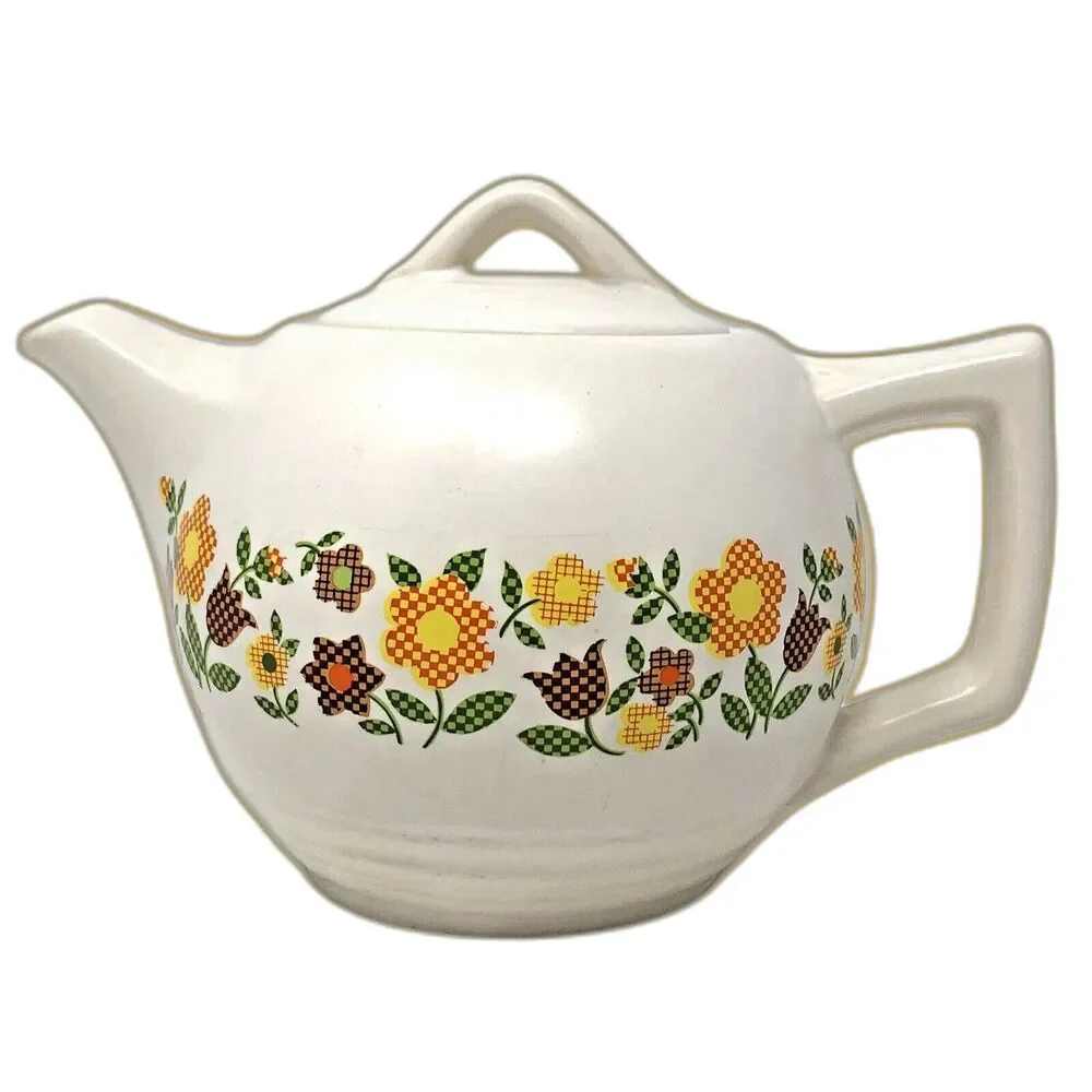 McCoy Pottery Teapot Vintage 70s Gingham Flowers Cottagecore Farmcore# 140 USA